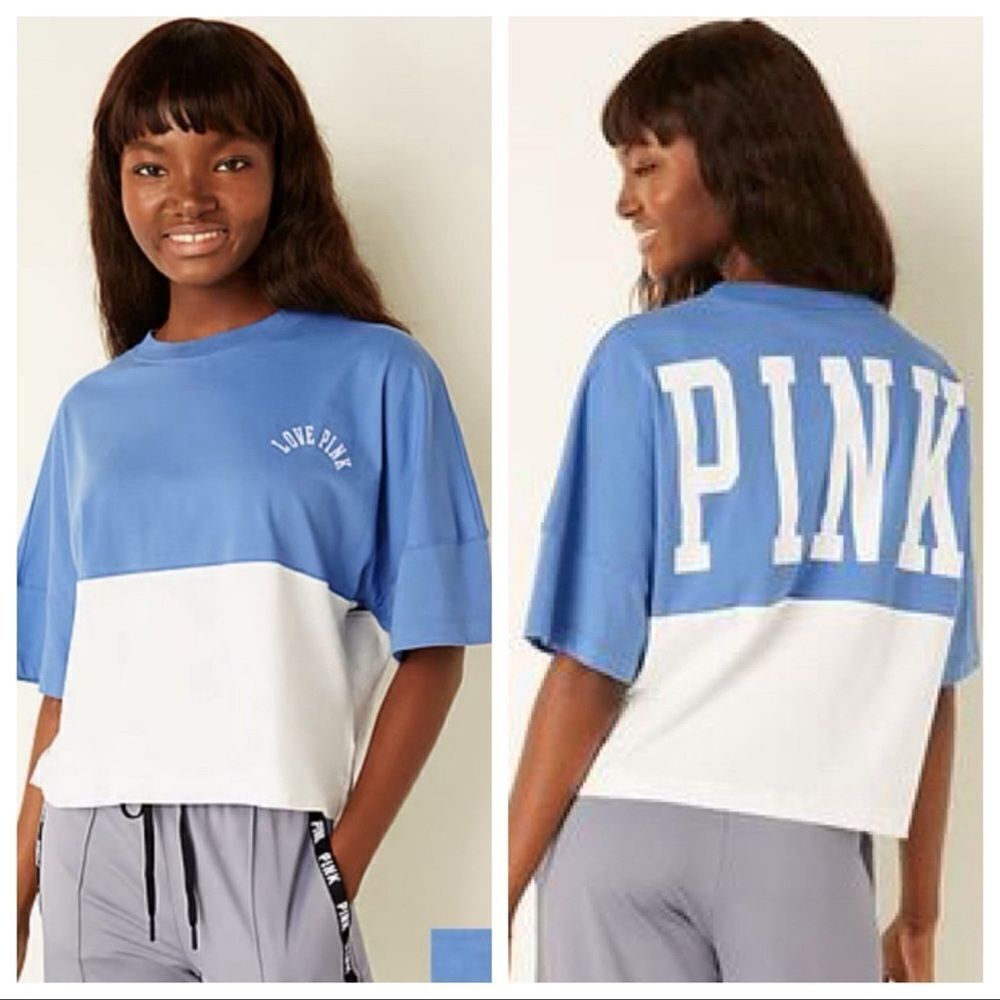 Victorias Secret Pink Varsity Short Sleeve Cropped V neck Oversized Tee Blue XL